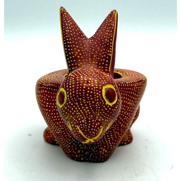 Oaxacan Mexican Stone Hand Painted Signed Bunny Rabbit Tea Light Heavy - Picture 4 of 10